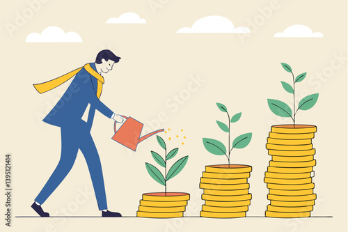Investment Growth Concept Man Watering Plant On Stack Of Coins Financial Progress And Development Growing Wealth Metaphor For Business Success