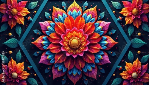 Intricate floral design within a hexagon, vibrant colors, colorful, polygon, spring