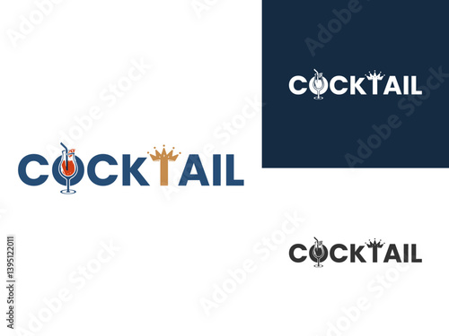 Simple Cocktail logo with crown vector. Best Cocktail logo design icon