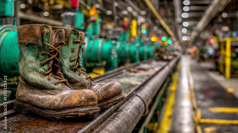 Muddy Work Boots on Factory Conveyor Belt Muddy Work Boots on Factory Conveyor Belt