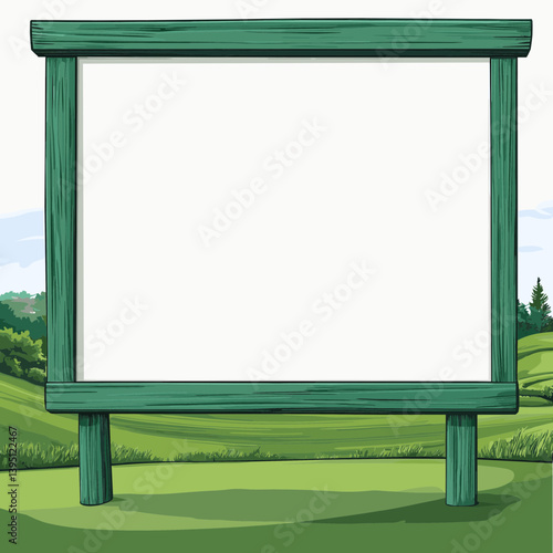 Blank Green Wooden Signboard on Grassy Hillside