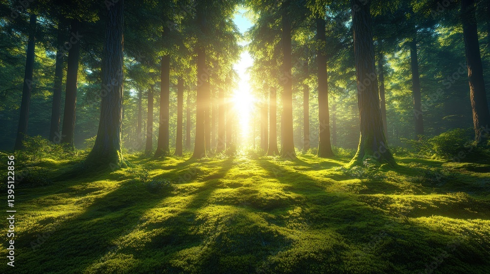 Fototapeta premium Sunlight streams through mossy forest floor (1)