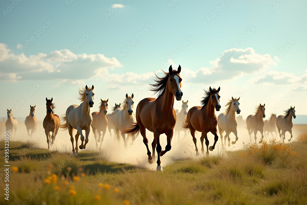 Fototapeta premium Majestic herd of horses gallops freely across a vast prairie under a bright sun, symbolizing freedom, strength, and the beauty of the natural world