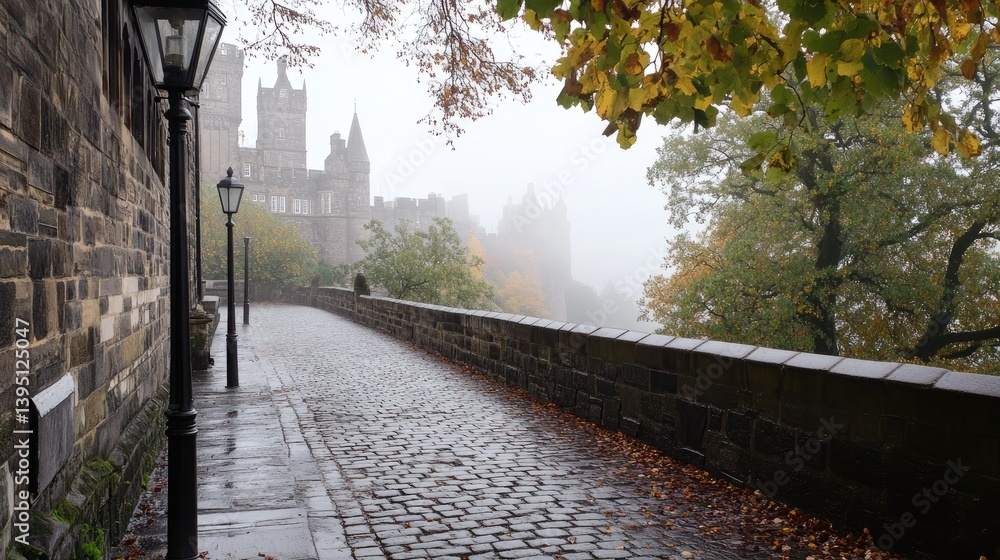 Fototapeta premium Misty Cobblestone Pathway Along Historic Castle Wall in Autumn