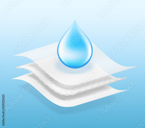 Absorbent three-layer material with drop. Infographic for toilet paper, napkins, wipes and other hygiene product. Vector illustration on colour background. EPS10.
