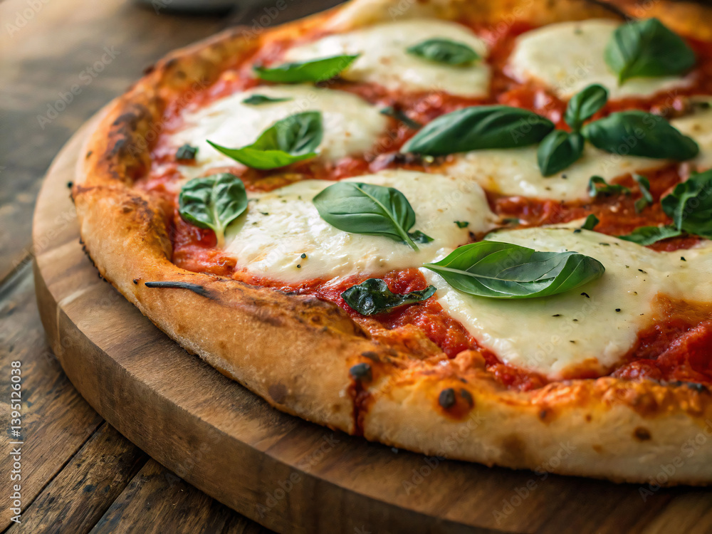 Freshly Baked Margherita Pizza with Basil on Rustic Wooden Board. Close-Up of Classic Cheese Pizza with Red Sauce and Green Basil Leaves Freshly Baked Margherita Pizza with Basil on Rustic Wooden Board. Close-Up of Classic Cheese Pizza with Red Sauce and Green Basil Leaves