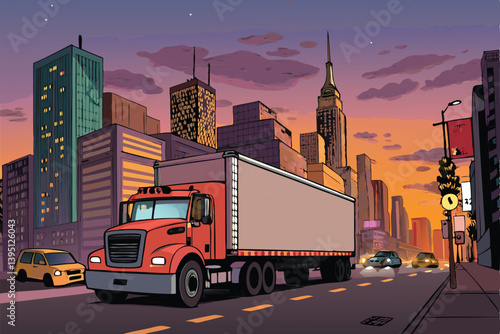Design a vector illustration of a billboard truck speeding down a highway, featuring bold, dynamic strokes and vibrant colors.  Focus on impactful visual communication.