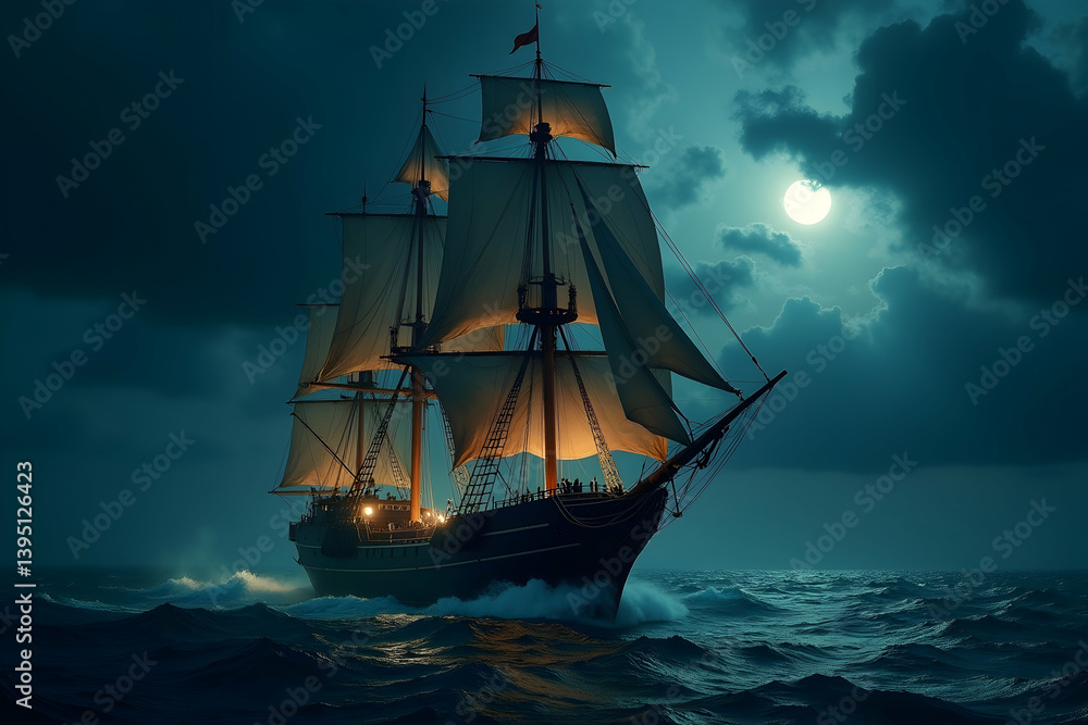 Fototapeta premium Majestic Sailing Ship Silhouetted Against a Moonlit Sky, An Evocative Nautical Scene Capturing the Essence of Maritime Adventure and Historical Voyage