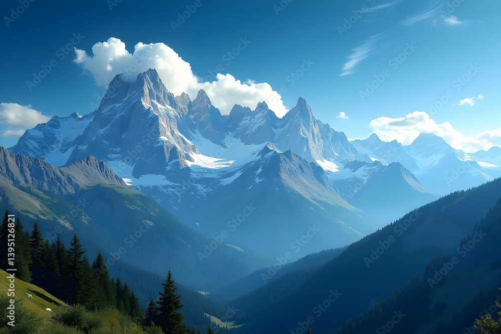 Majestic Snowy Peaks Dominate a Vast Mountain Range Under a Clear Blue Sky, Offering a Sense of Adventure and Solitude in the Untamed Wilderness Majestic Snowy Peaks Dominate a Vast Mountain Range Under a Clear Blue Sky, Offering a Sense of Adventure and Solitude in the Untamed Wilderness