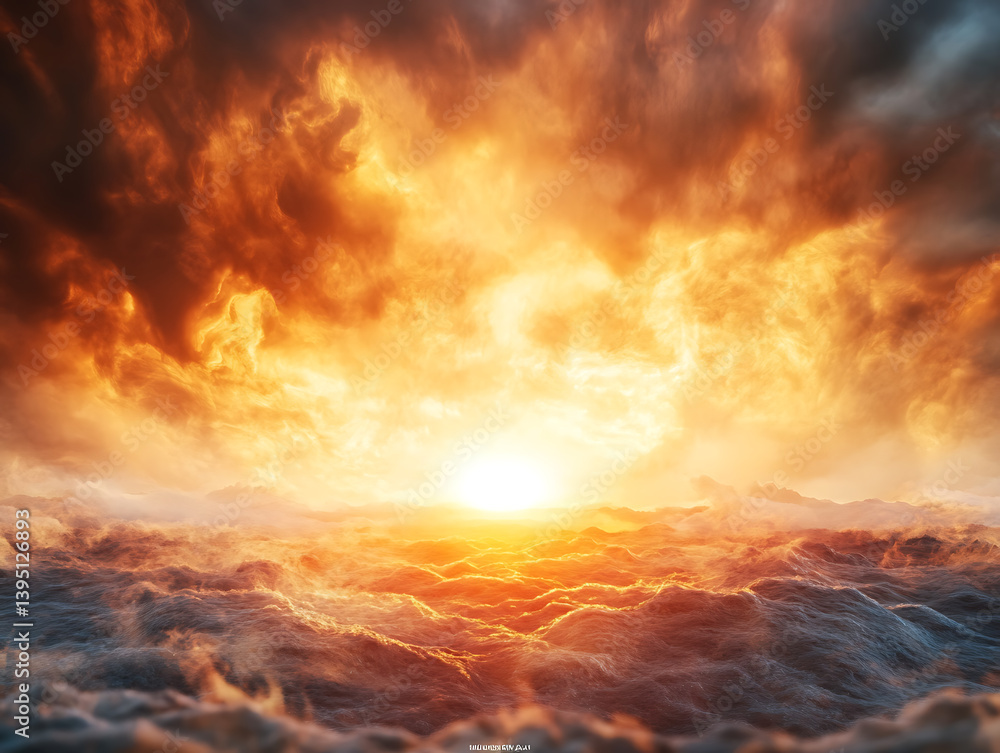 Sunset over ocean waves coastal scene digital art dramatic skies aerial view nature's beauty Sunset over ocean waves coastal scene digital art dramatic skies aerial view nature's beauty
