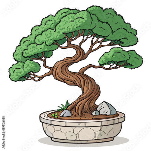 Create a bold, vector illustration of a bonsai tree with twisting branches, emphasizing strong lines and impactful design.