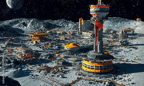 Futuristic lunar base with advanced structures, vehicles, and distant Earth visible in space