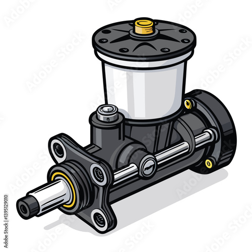 Create a bold, vector illustration of a brake master cylinder, emphasizing its internal components and fluid lines.  Show strong contrasts and sharp lines.