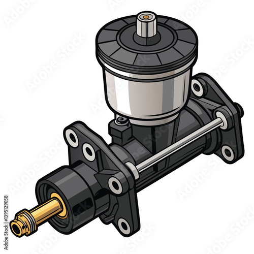 Create a bold, vector illustration of a brake master cylinder, emphasizing its internal components and functionality with strong lines and impactful design.