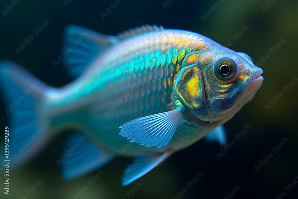 Mesmerizing close-up of a radiant fish showcasing its iridescent crystalline scales and captivating colors in sharp focus, a marvel of aquatic beauty Mesmerizing close-up of a radiant fish showcasing its iridescent crystalline scales and captivating colors in sharp focus, a marvel of aquatic beauty