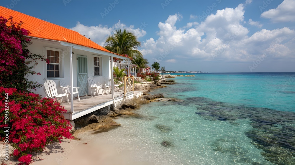 Fototapeta premium Charming white beach cottage with vibrant orange roof overlooks turquoise water, surrounded by pink bougainvillea and white Adirondack chairs on a wooden porch, tropical Caribbean setting. 