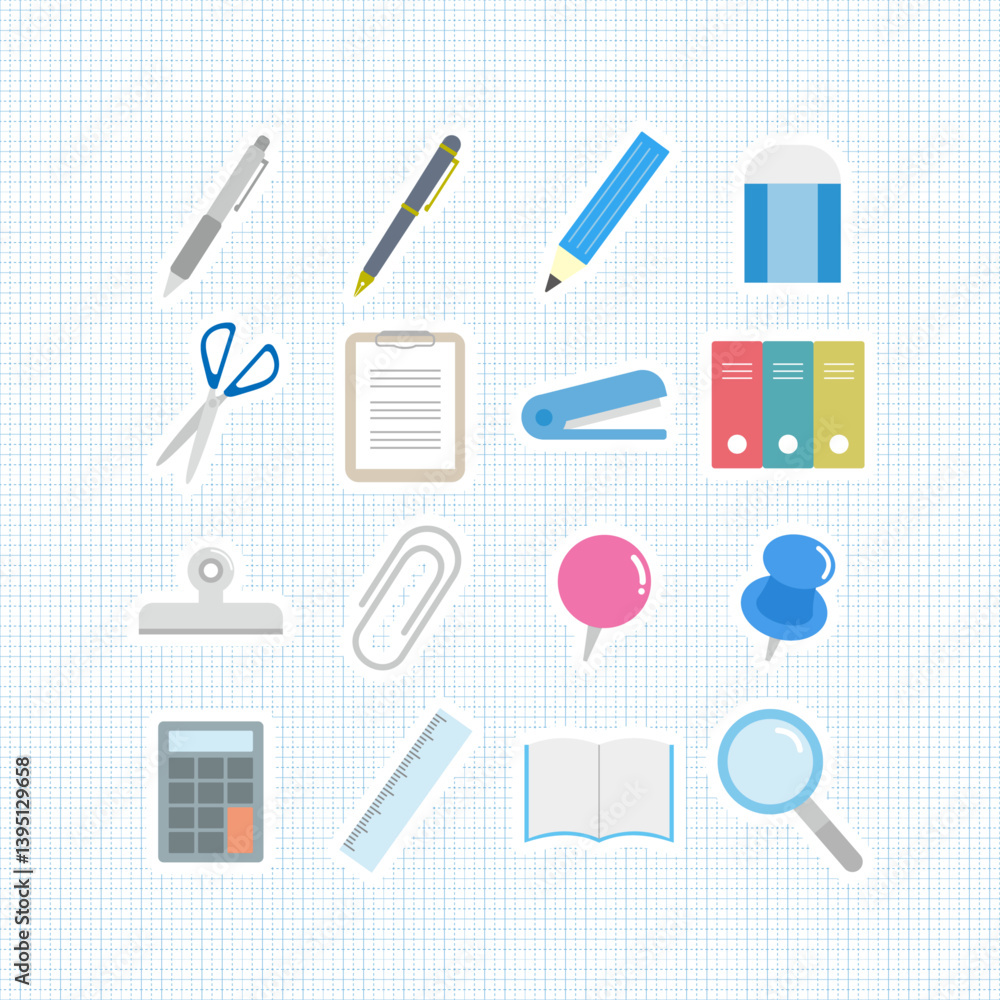 文房具アイコンのベクターイラストセット:方眼紙背景の学習と仕事ツール - Stationery Icon Vector Illustration Set: Learning and Working Tools on Graph Paper Background 文房具アイコンのベクターイラストセット:方眼紙背景の学習と仕事ツール - Stationery Icon Vector Illustration Set: Learning and Working Tools on Graph Paper Background
