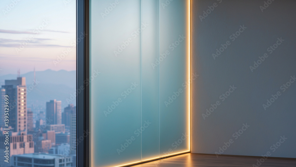 Naklejka premium Modern Interior With City View Through Window And Ambient Lighting Detail
