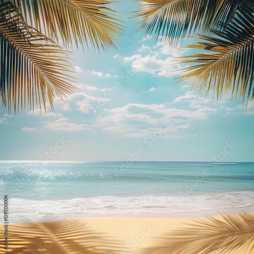 Tropical Summer Background Framed with Golden Light and Natural Elements, tropical beach with palm trees