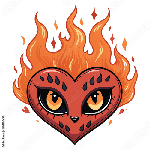 Create a vector illustration of a burning, cursed heart with bold, dramatic strokes.  The style should be edgy and dark.