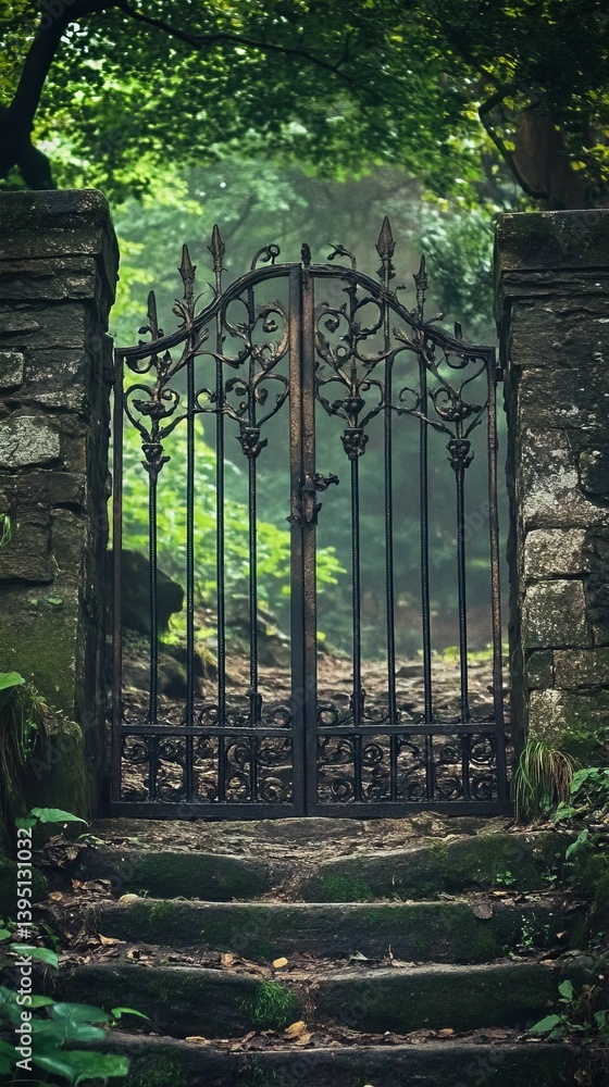 Obraz premium Wrought iron gate with stone pillars and steps in a