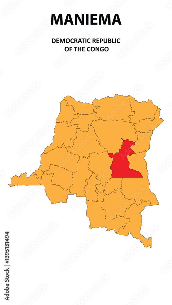 Obraz premium Maniema Map is highlighted on the Democratic Republic of the Congo with detailed state and region outlines.