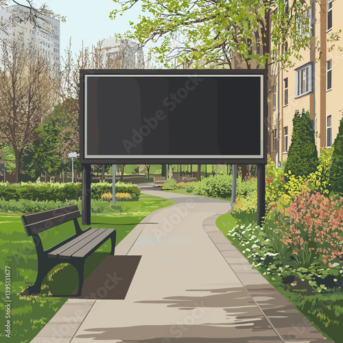 Empty Billboard in a City Park with a Bench and Path