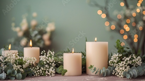 Neutral toned party scene candles and greenery decor copy space on the right side