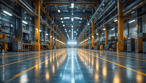 Empty Factory Floor Interior with Yellow Support Beams and Lighting