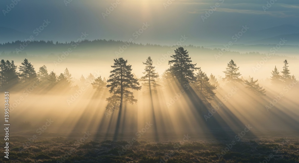Naklejka premium rays of light breaking through the thick dawn fog in the thicket of the forest
