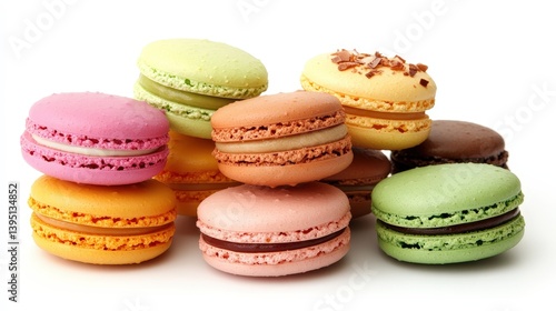 colorful macarons neatly stacked on a white background, creating a vibrant contrast.
