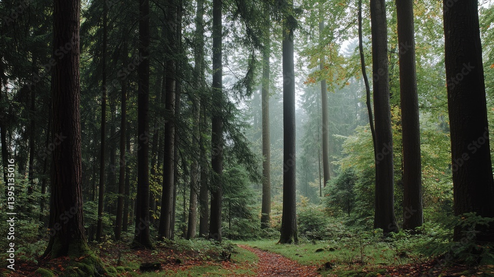Serene Misty Forest Pathway Surrounded by Lush Green Trees Serene Misty Forest Pathway Surrounded by Lush Green Trees