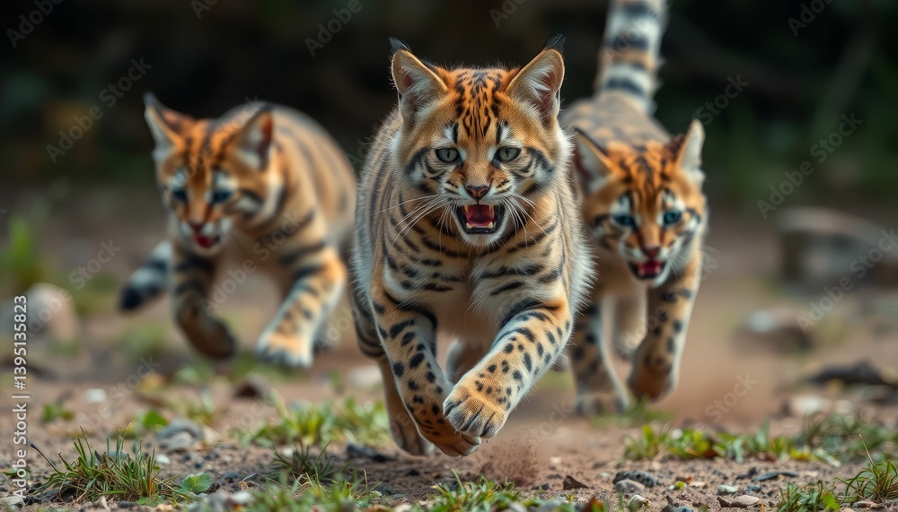 Fototapeta premium Three Young Cats Running Through Forest Trail