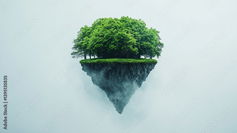 Floating island of forest in misty sky evokes utopian vision of sustainable ecosystem