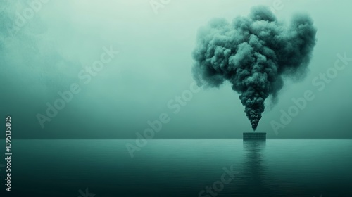 Black smoke rises over silent water symbolizing climate crisis and ecological destruction