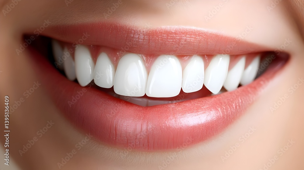 Obraz premium A close-up image of a perfect white smile, symbolizing dental health. Concepts : Dental aesthetics, oral hygiene, healthy smile, cosmetic dentistry, dental care, professional oral treatment, dental ma