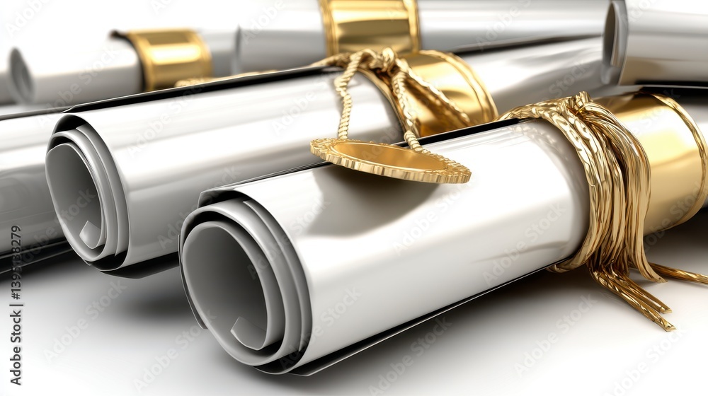 Fototapeta premium Rolled Parchment Documents with Gold Seals on White Background