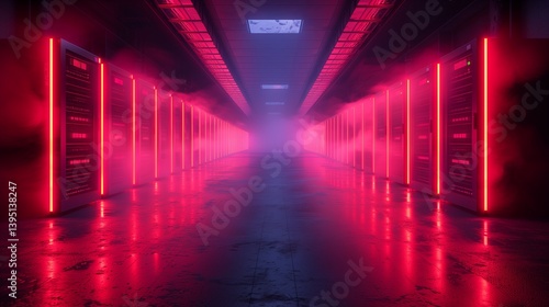 High-Tech Server Room Illuminated by Intense Red Neon Lights and Hazy Atmosphere
