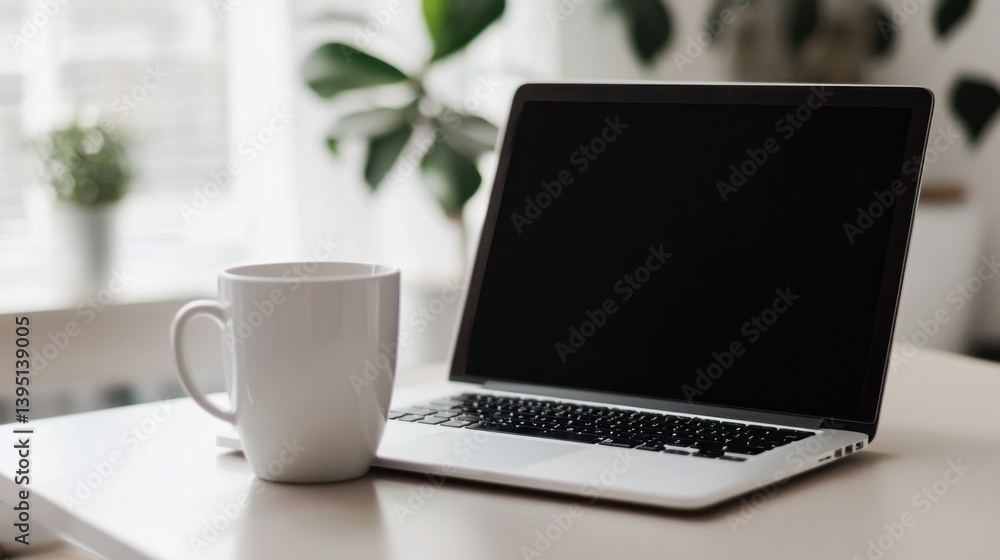 A tranquil workspace highlights a sleek laptop and a white mug on a minimalistic desk. Natural light floods the area, enhancing productivity and calm. Green plants add a refreshing touch A tranquil workspace highlights a sleek laptop and a white mug on a minimalistic desk. Natural light floods the area, enhancing productivity and calm. Green plants add a refreshing touch