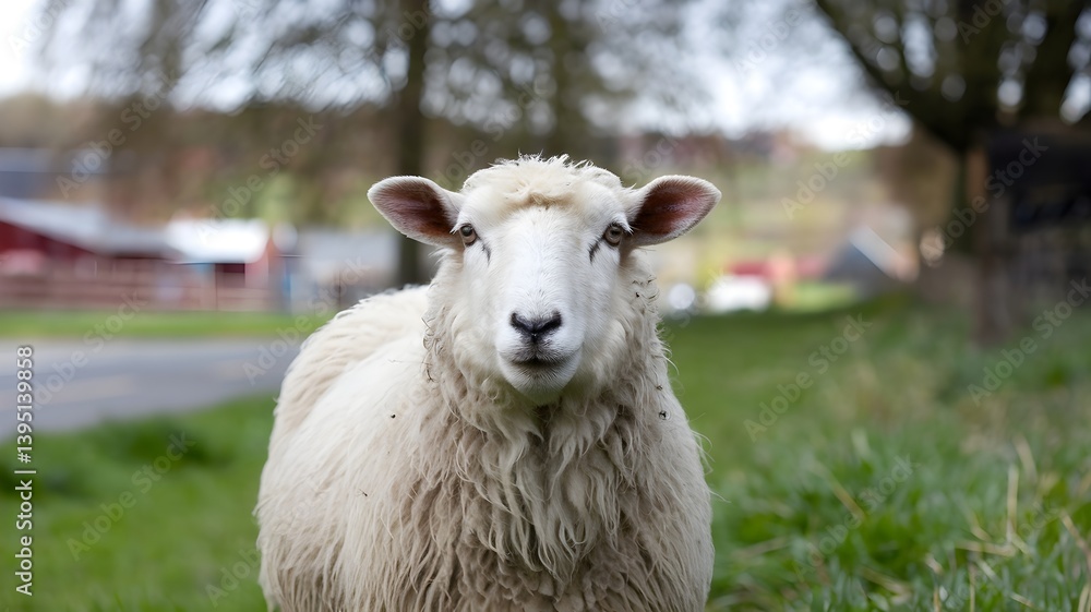 Fototapeta premium Close-Up of a White Sheep in a Field
