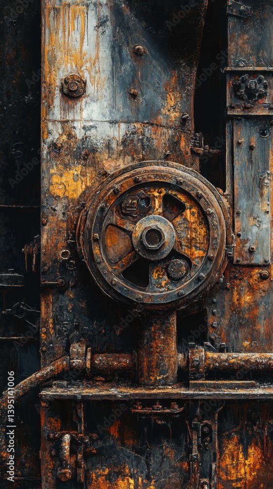Rusty industrial machinery with a valve wheel showing signs of Rusty industrial machinery with a valve wheel showing signs of