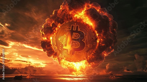 Bitcoin explosion in dramatic sunset sky