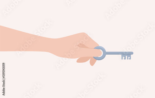 Human hand holding a gray metal key, side view. Flat vector illustration