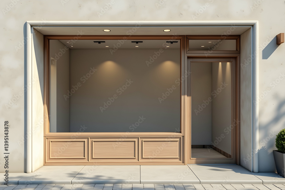 Realistic storefront facade with empty display window and doorway showcasing architectural design and natural light ideal for advertising and design mockups