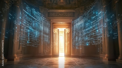 An open doorway reveals glowing light within a grand structure