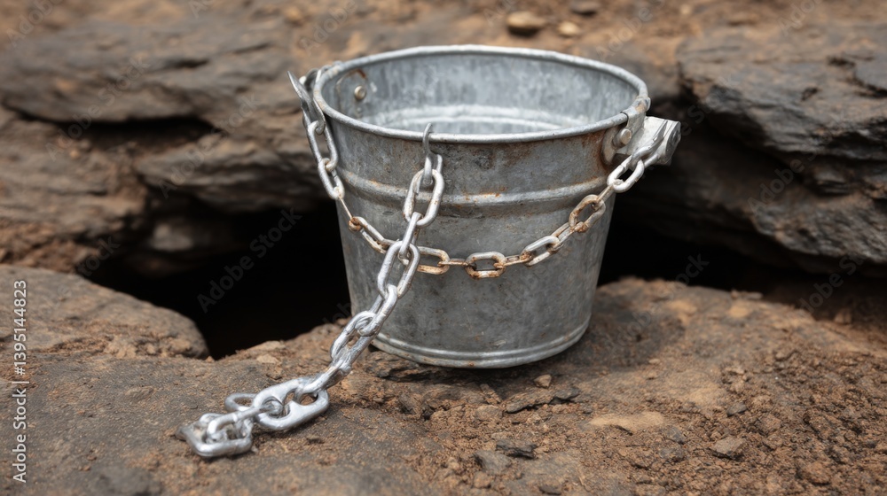 A weathered metal bucket with a chain resting on rocky ground A weathered metal bucket with a chain resting on rocky ground