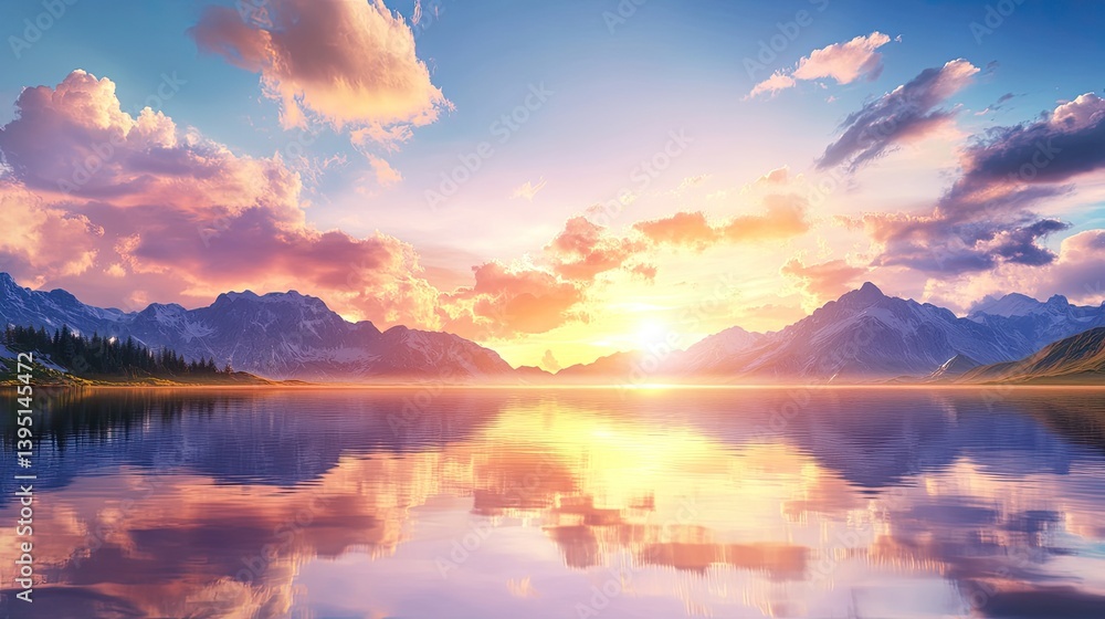 Fototapeta premium Serene Sunrise Over Tranquil Lake with Reflection and Mountains
