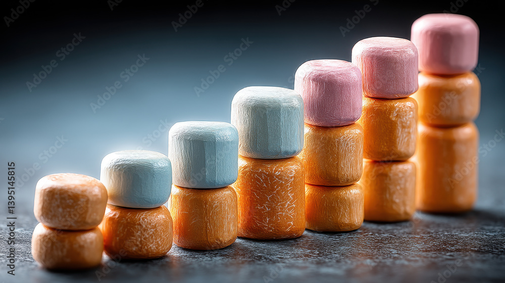 Pastel Marshmallows Stacked in Ascending Order on Dark Surface Pastel Marshmallows Stacked in Ascending Order on Dark Surface