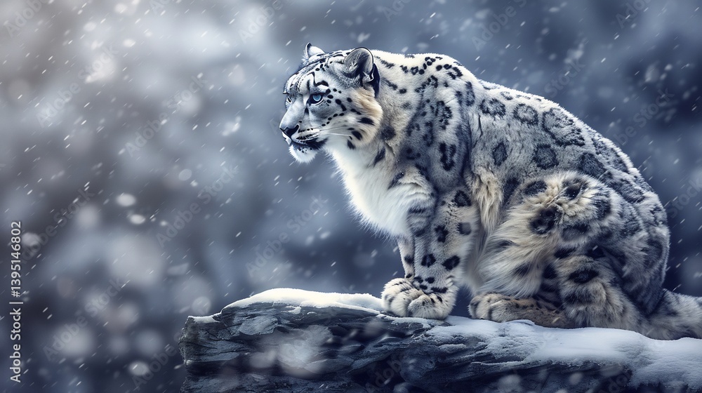 Obraz premium Stunning snow leopard perched on a grayscale mountain ledge its icy blue eyes and rosette patterned fur glowing in the cold wilderness