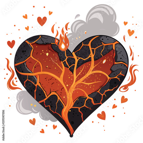 Design a vector illustration of a cursed lava heart with bold, fiery strokes.  The heart should appear molten and menacing.